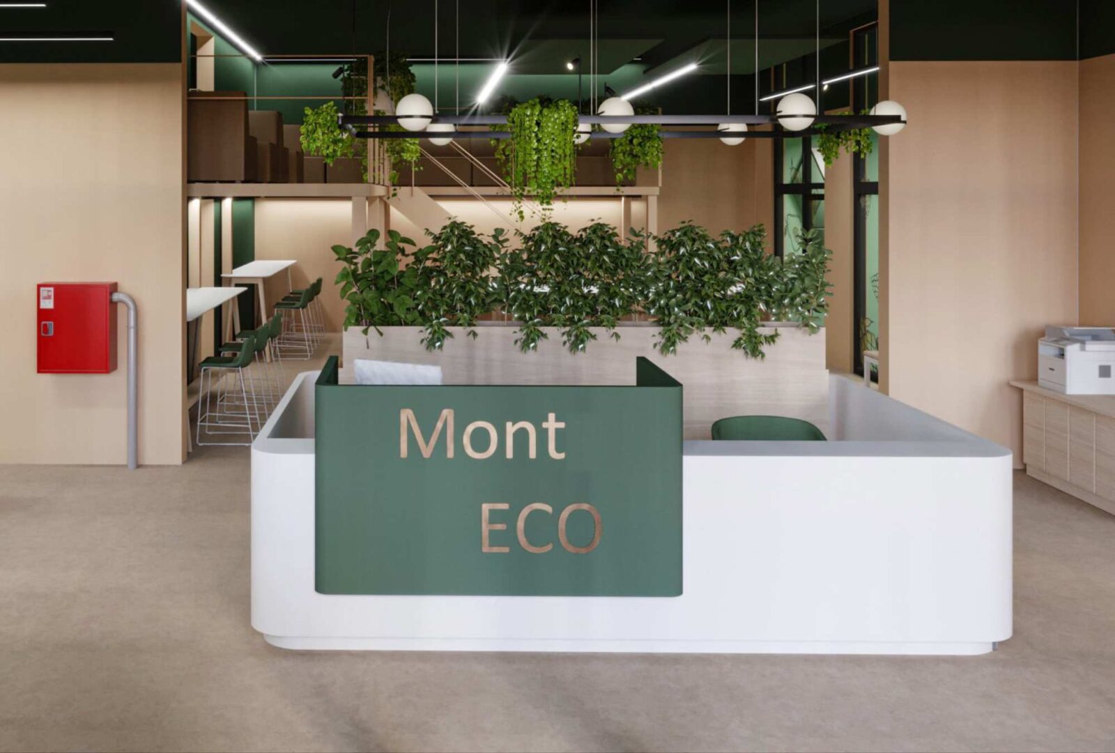 Über uns A modern reception area of MontEco coworking space with a green and white color scheme. The desk has a green sign with 'Mont ECO' written on it. Behind the desk, there is a row of green plants and hanging lights. The space includes high tables and chairs for casual seating, and there are stairs leading to a mezzanine level.