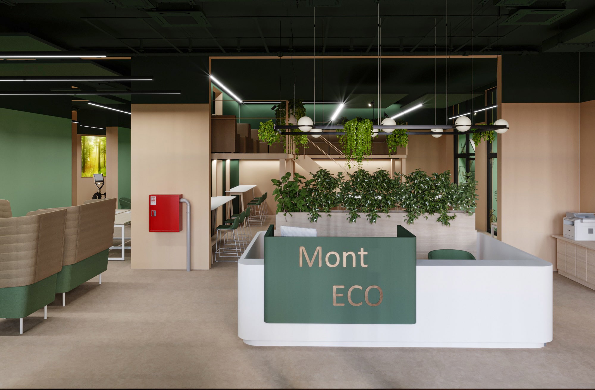 Reception area of Mont Eco coworking space featuring a modern design with beige and green accents. The space has a large white and green reception desk with 'Mont Eco' signage, surrounded by plants. The background includes green walls, beige seating, a fire extinguisher, hanging lights, and a mezzanine with additional seating.