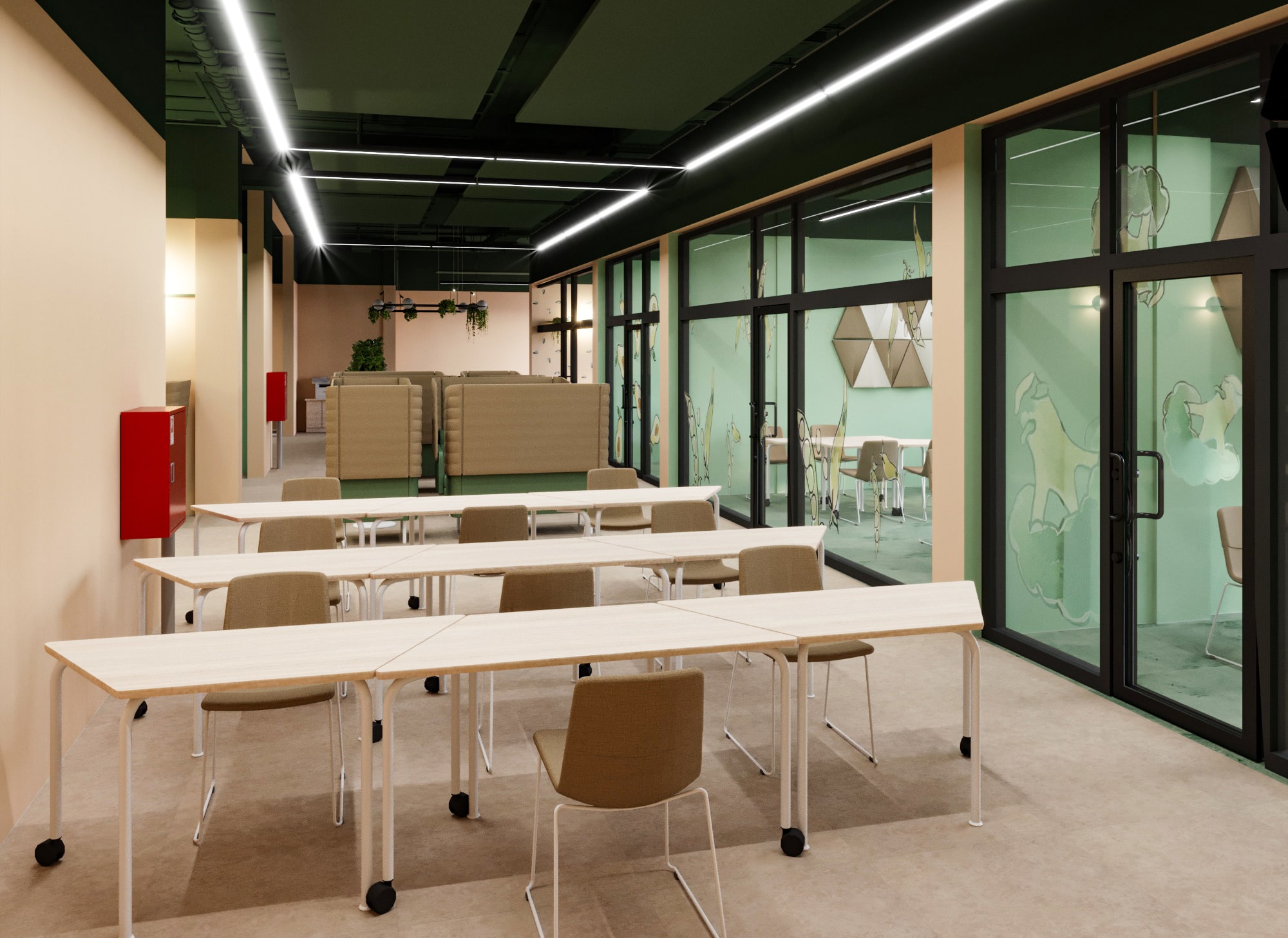 Modern open workspace with rows of white tables and beige chairs, adjacent to glass-walled meeting rooms decorated with green geometric patterns. The room features beige walls, green ceiling panels, and soft seating areas in the background with hanging plants.