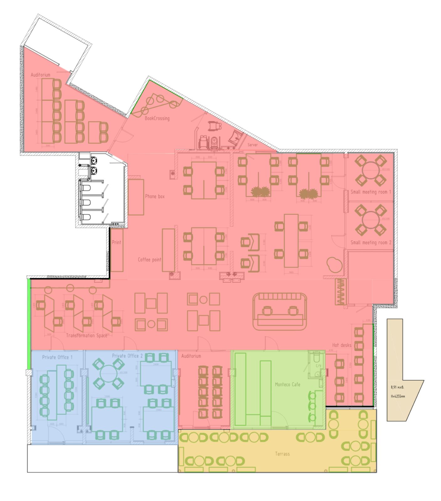 Coworking Home Floor plan layout of Mont Eco coworking space. The map includes various zones such as private offices, auditorium, hot desks, small meeting rooms, Monteco Cafe, terrace, phone box, print area, and transformation space. Different areas are highlighted in distinct colors for easy identification.