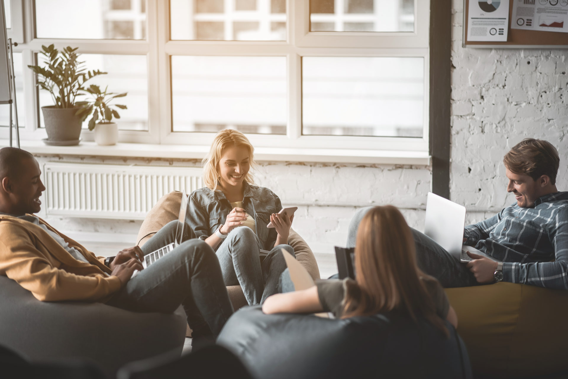 a group of people sitting in chairs