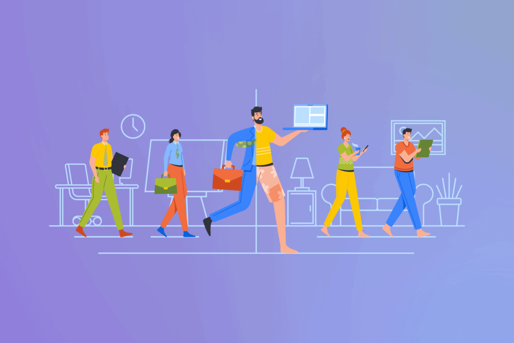 a cartoon of a man carrying a laptop and walking with other people