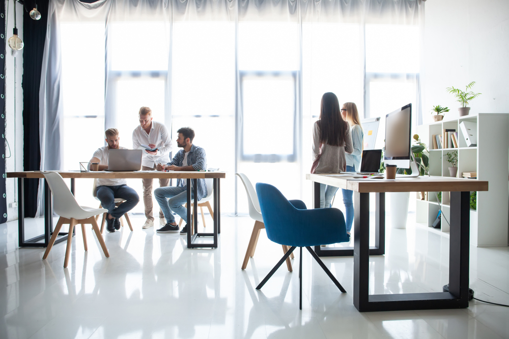 Modern office with collaborative workspace.