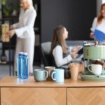 Coffee station in modern office setting.