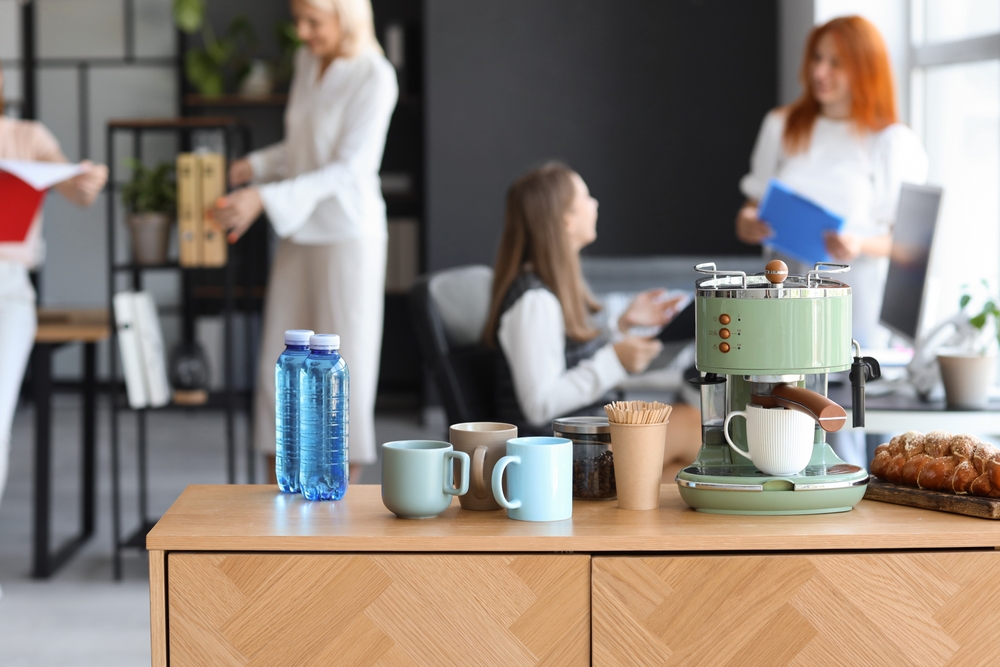 Coffee station in modern office setting.