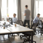 Modern office with collaborative workspaces.