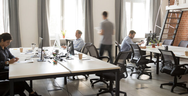Modern office with collaborative workspaces.