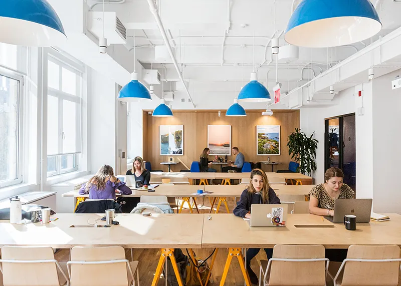 a group of people sitting at tables with laptops