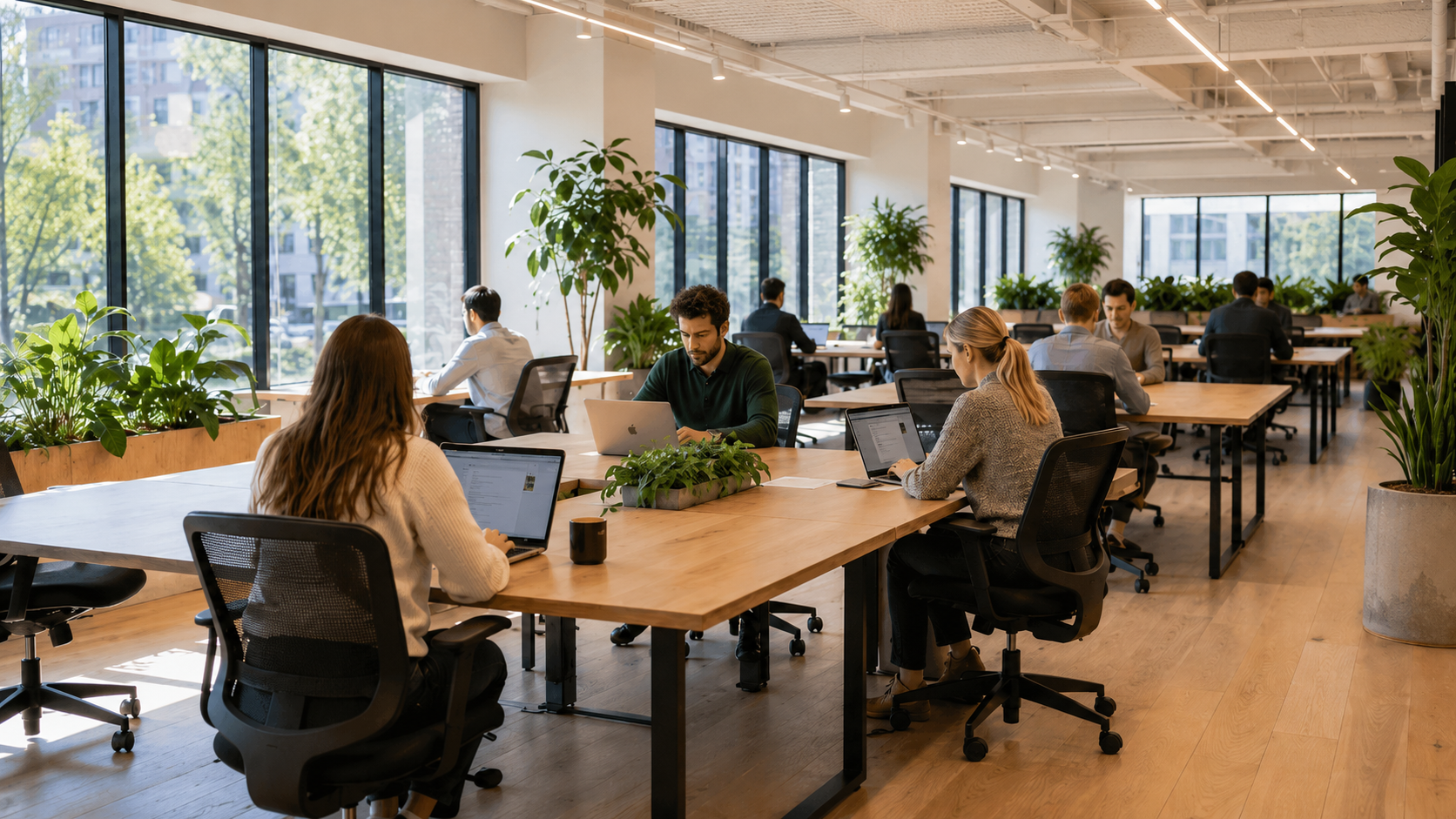 People working at open desks on a busy coworking floor in a bright shared workspace