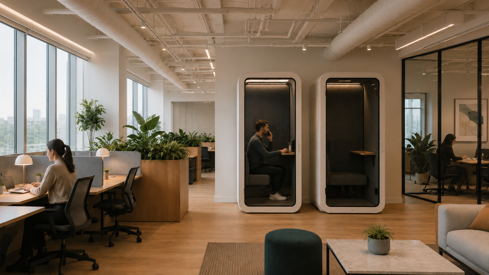 Quiet focus area with phone booths inside a coworking space