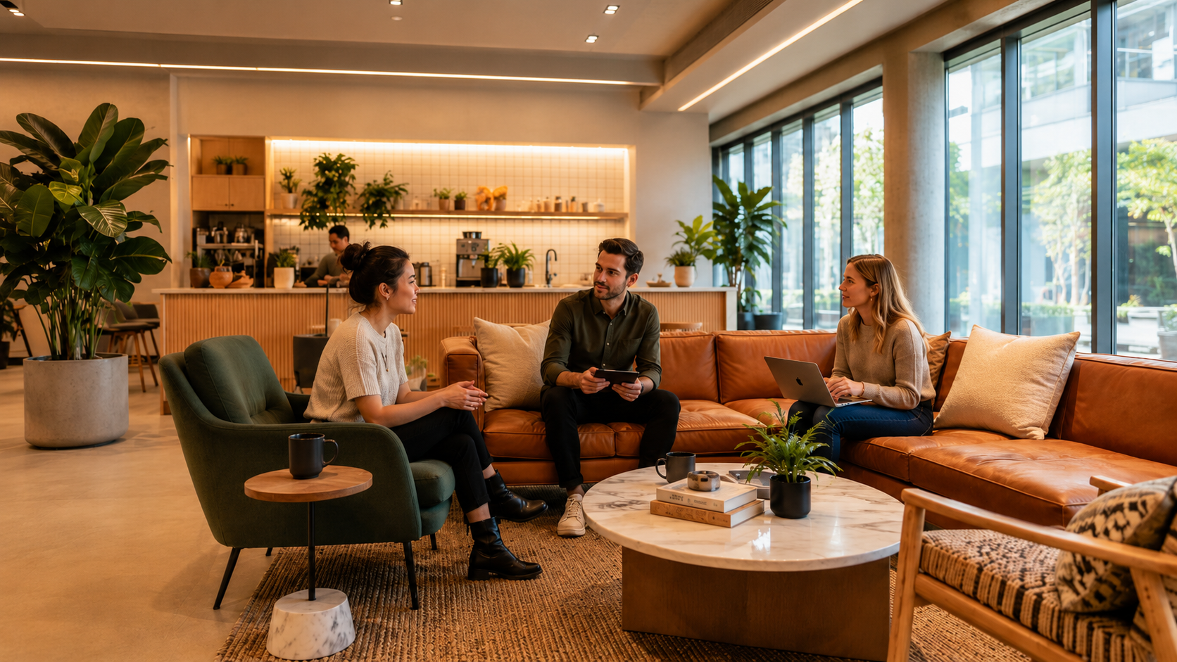 Coworking members talking and collaborating in a shared lounge area