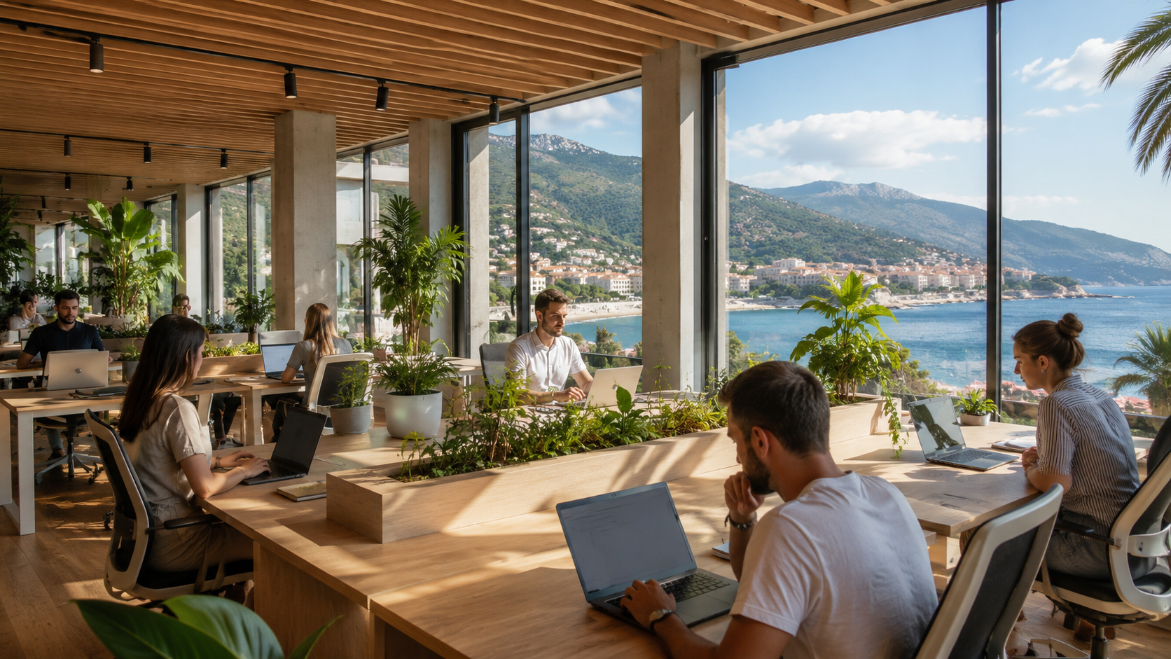 People working at open desks in a bright coworking space in central Budva