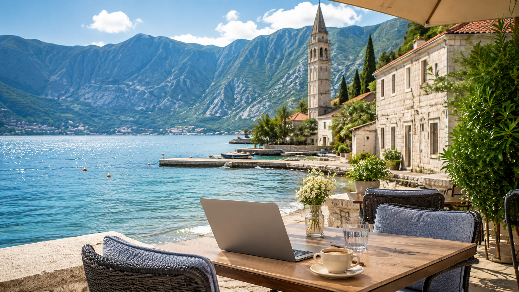 Waterfront café terrace in the Bay of Kotor, a setting for remote work in Montenegro