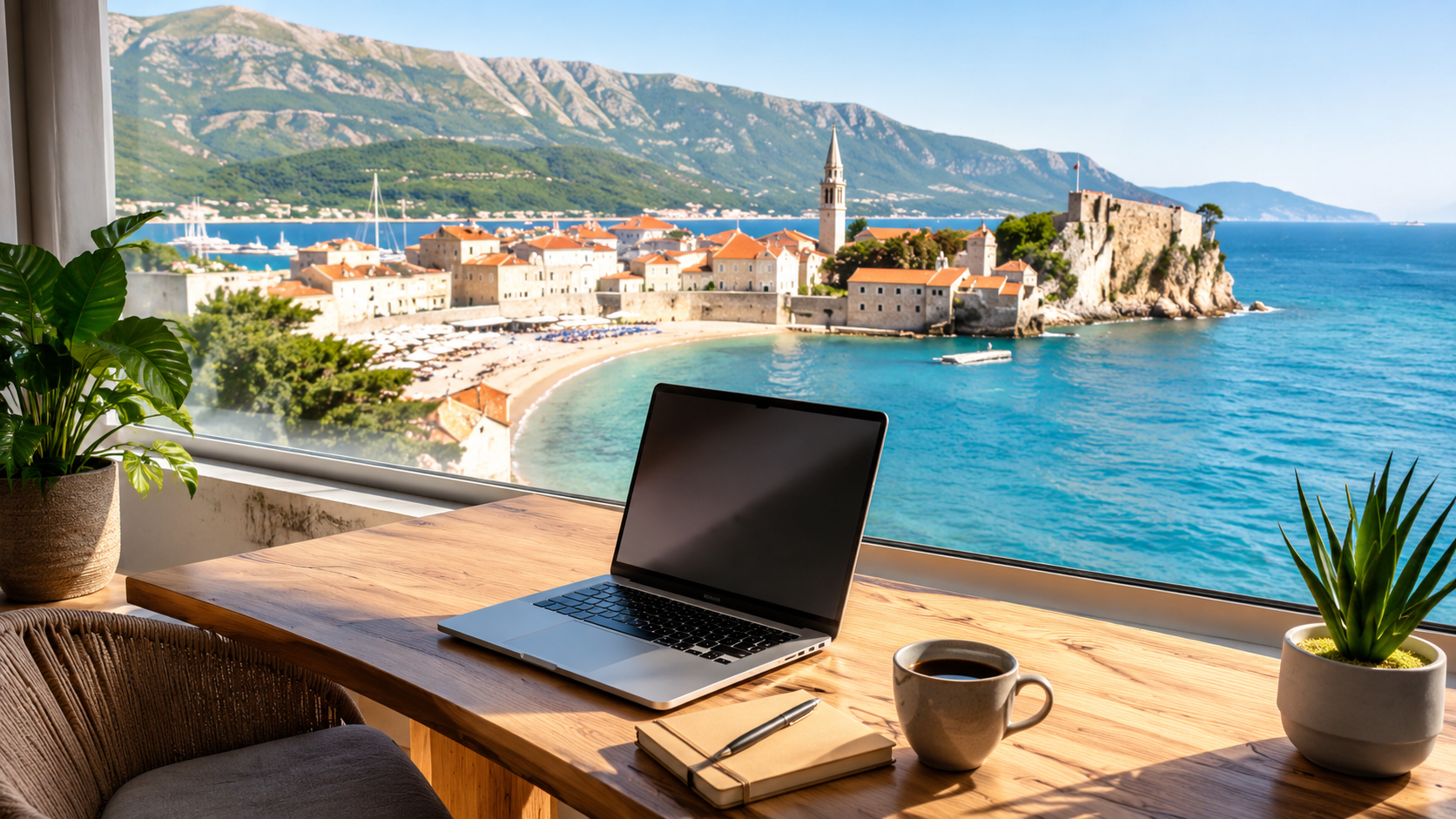 Coworking desk with a laptop overlooking the Adriatic coast in Budva, Montenegro