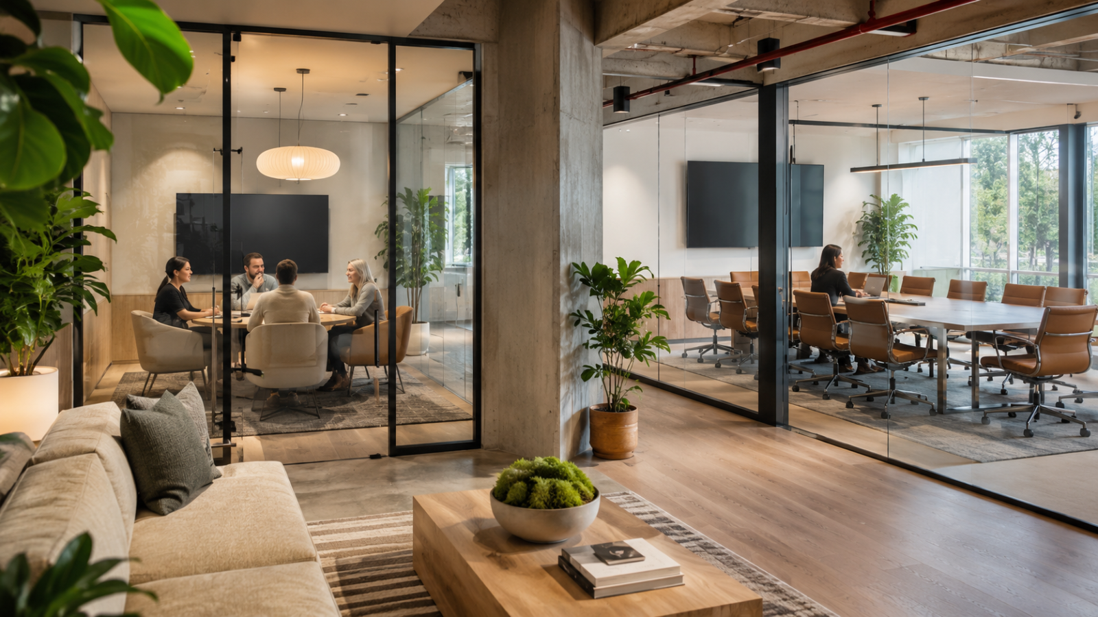 A small meeting room beside a larger conference room, illustrating meeting room vs conference room