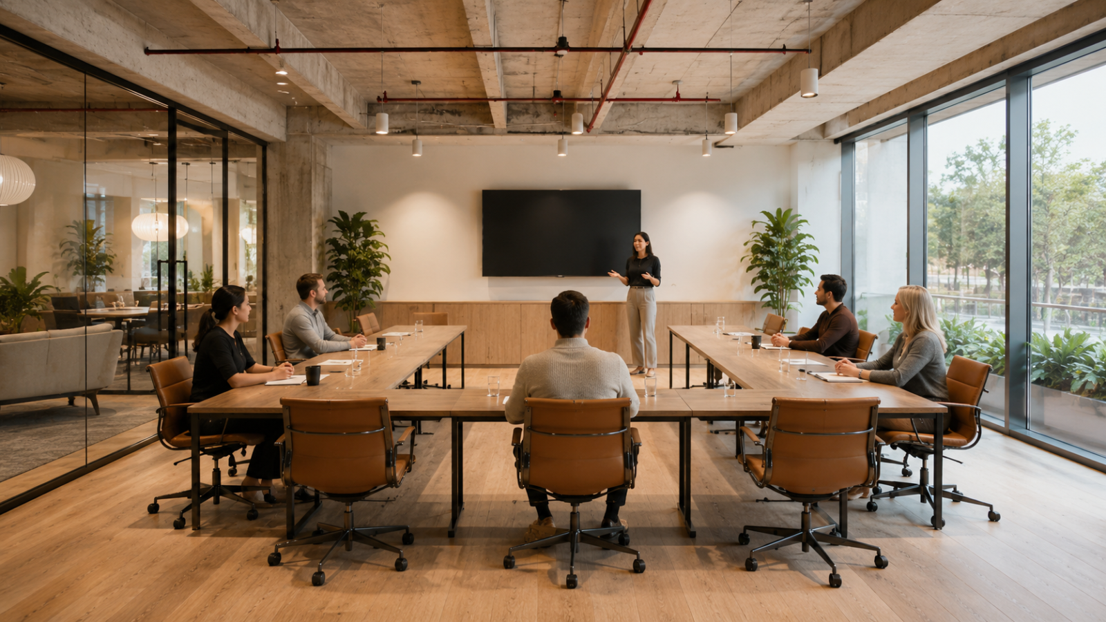 U-shape seating layout set up in a bright meeting room for a workshop