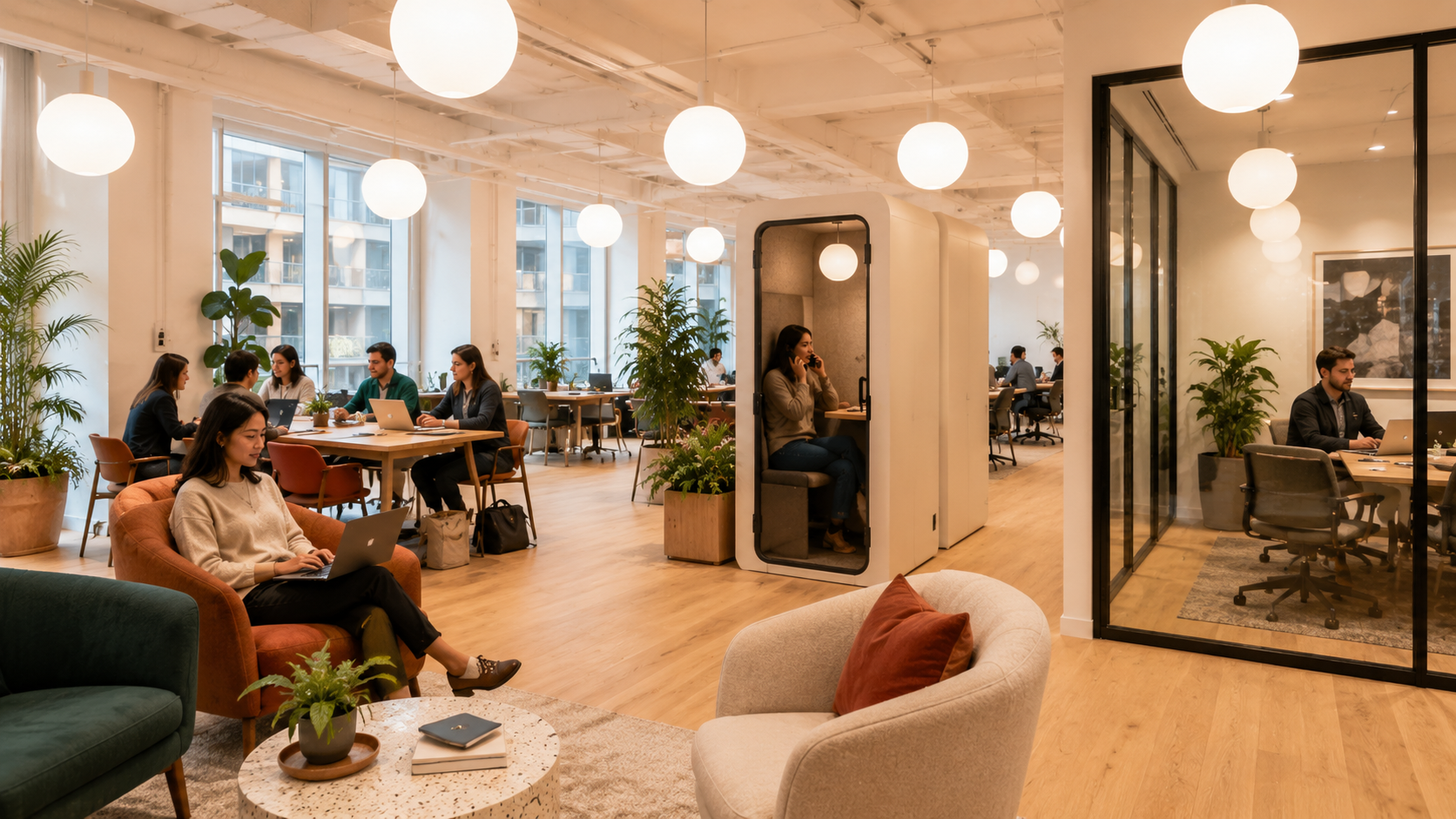 Open-plan coworking floor beside a glass-walled private office, illustrating open space vs private office