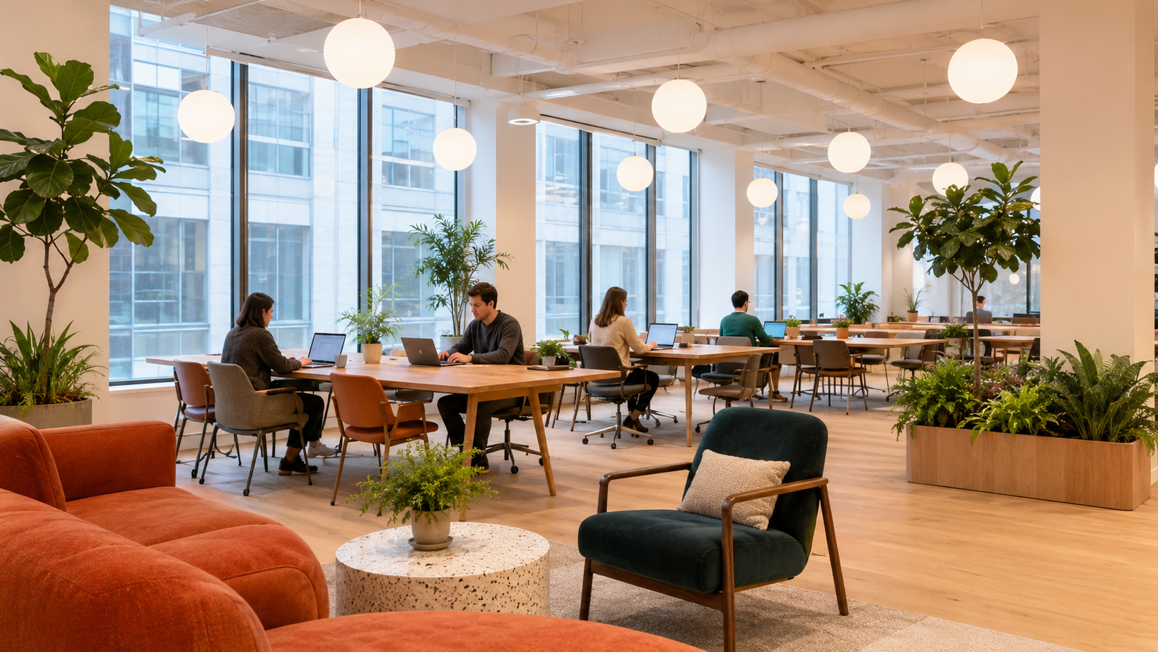 Coworking space with open desks, a private office and a phone booth, showing a hybrid workspace
