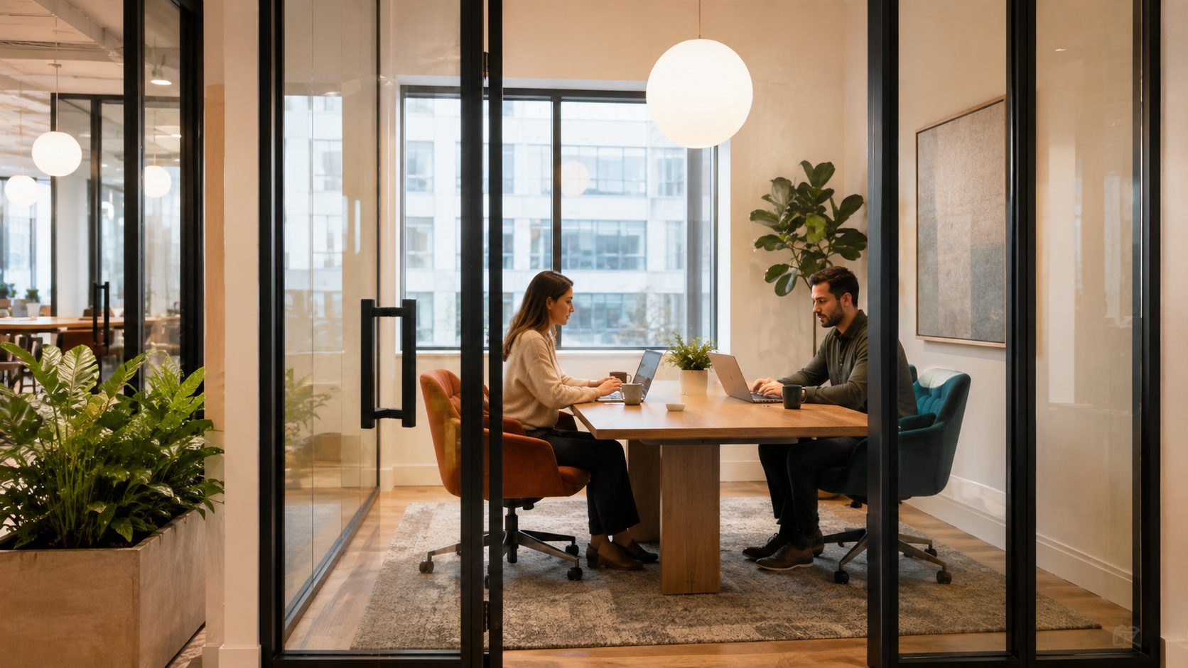Person taking a confidential call in a quiet private office, showing the focus benefit over open space