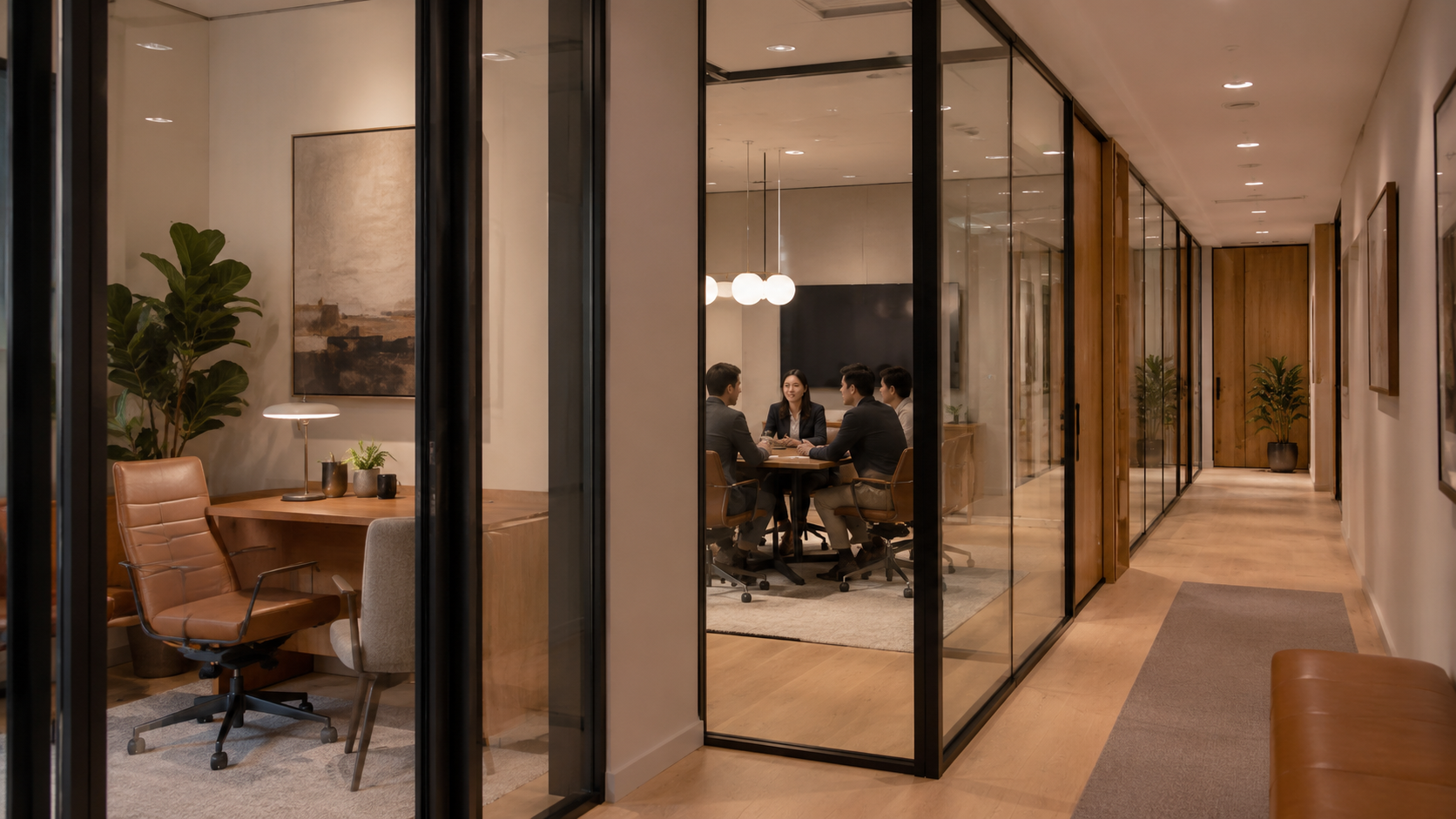 A meeting room with a screen and ergonomic chairs inside a coworking space