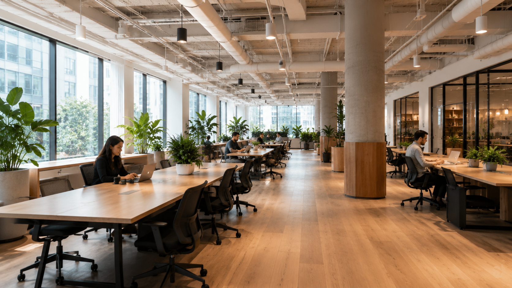 People working at open coworking desks in a bright shared workspace in Budva