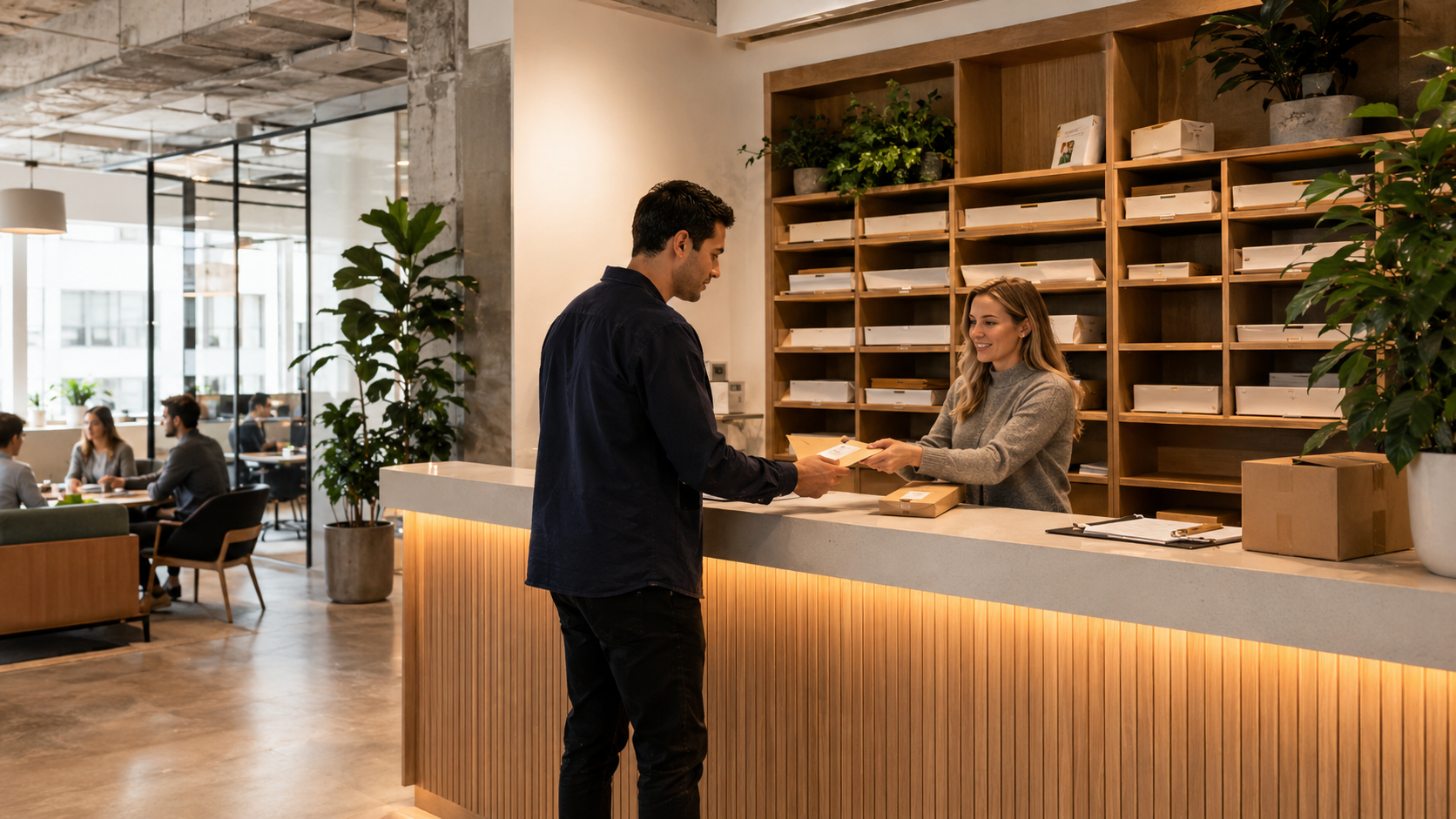 Reception handling mail at a coworking space that provides a virtual office business address