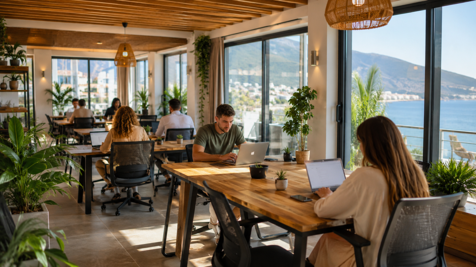 People working at open coworking desks in a bright shared workspace in Budva