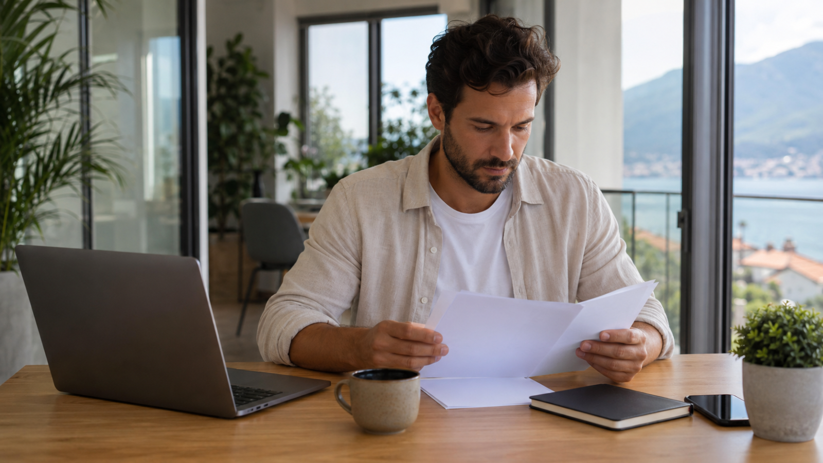 Digital nomad reviewing residence permit and tax paperwork at a coworking desk in Montenegro