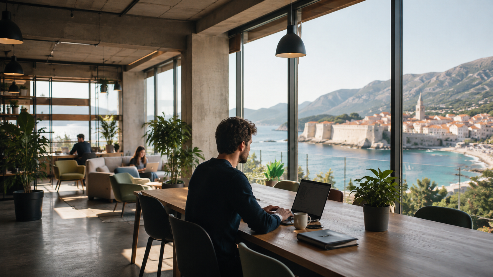 Remote worker at a coworking desk in Budva, Montenegro, a monthly cost of 280 euros in a relocation budget