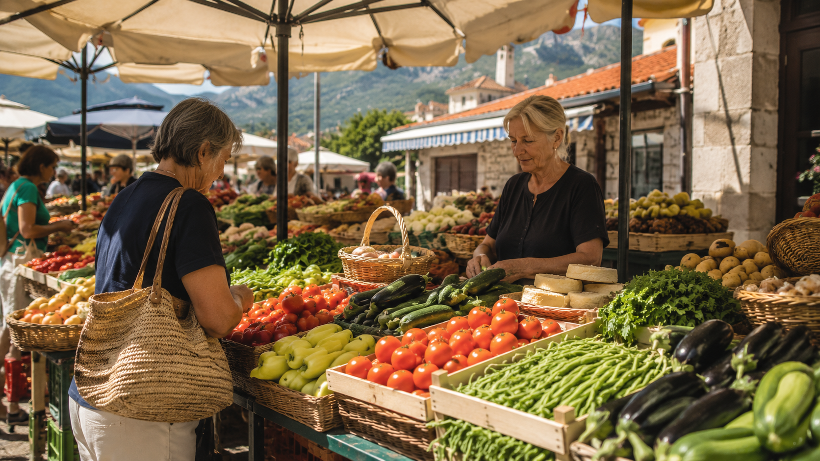 Open-air produce market in Montenegro, where groceries cost less than in the supermarket chains