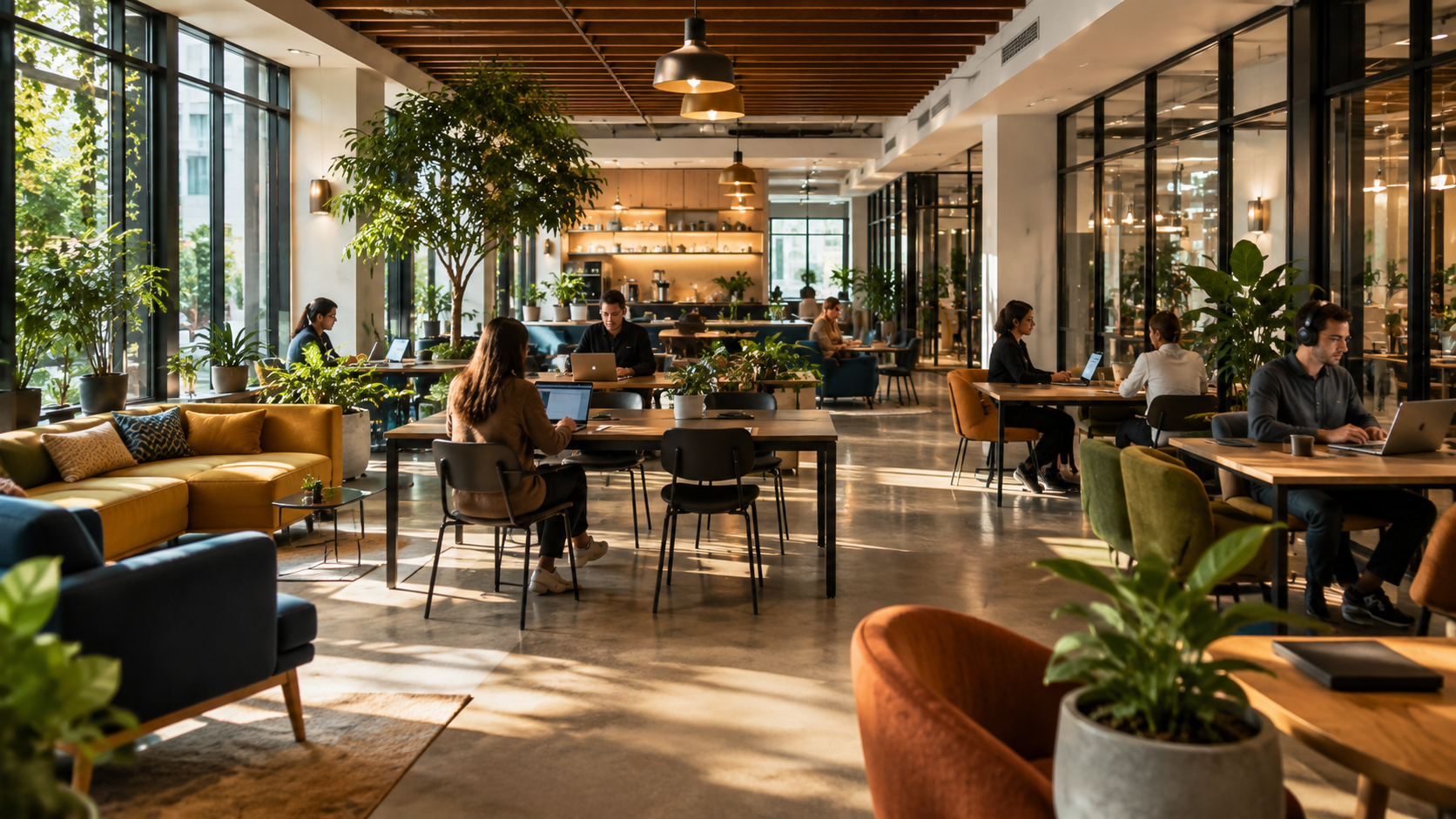 Open coworking floor with people working at shared desks, illustrating what a monthly coworking membership includes