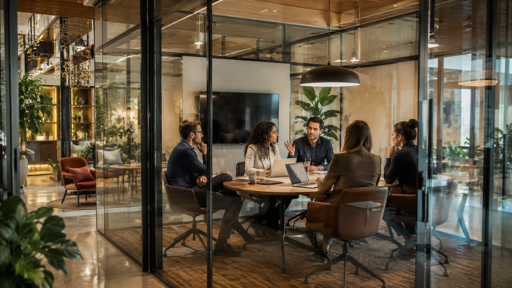 Meeting room in a coworking space being used for a client call, an add-on billed by the hour on top of membership