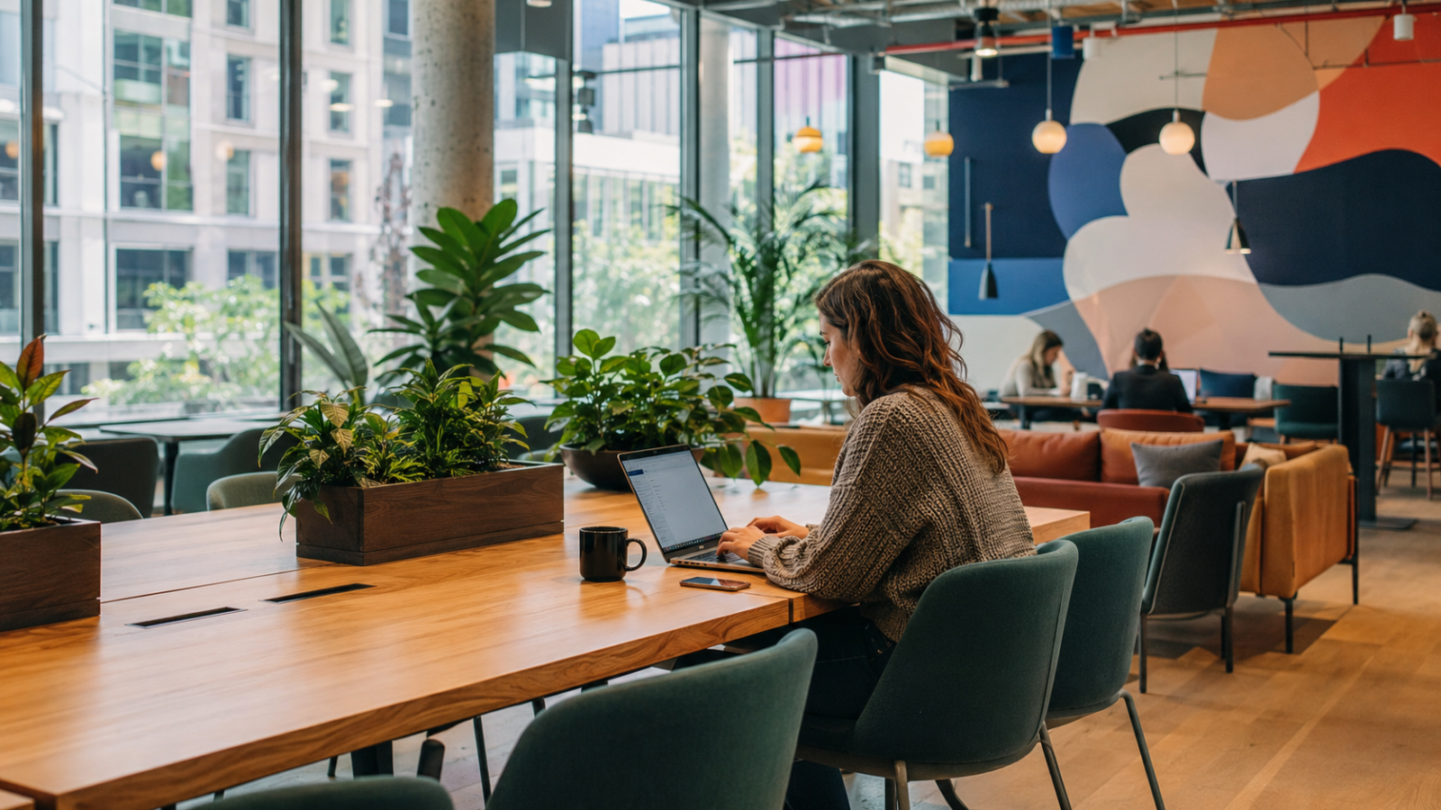 Members talking in the lounge area of a coworking space