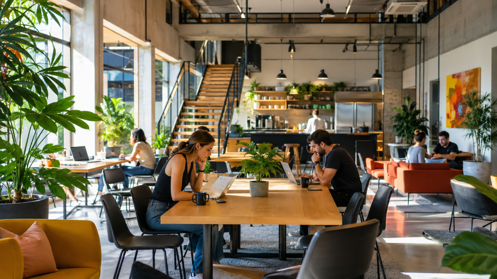 A person working at a coworking desk while choosing a workspace