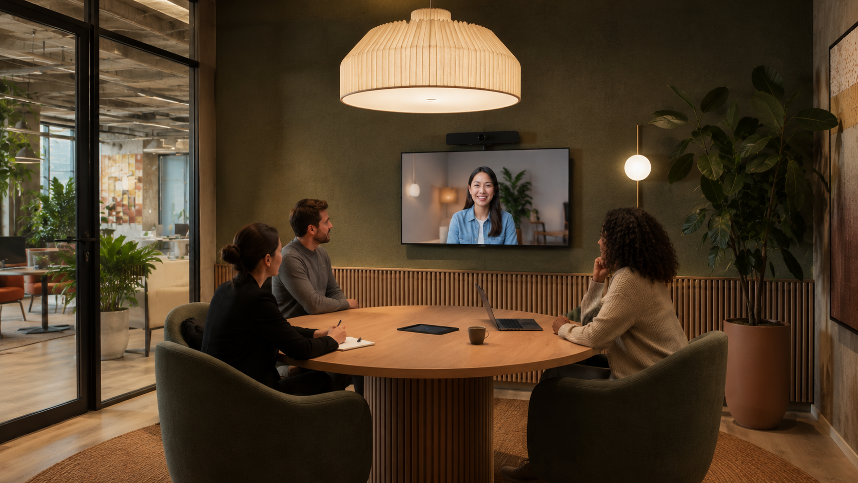 Small team meeting in a bookable meeting room in Budva with a remote colleague joining on screen