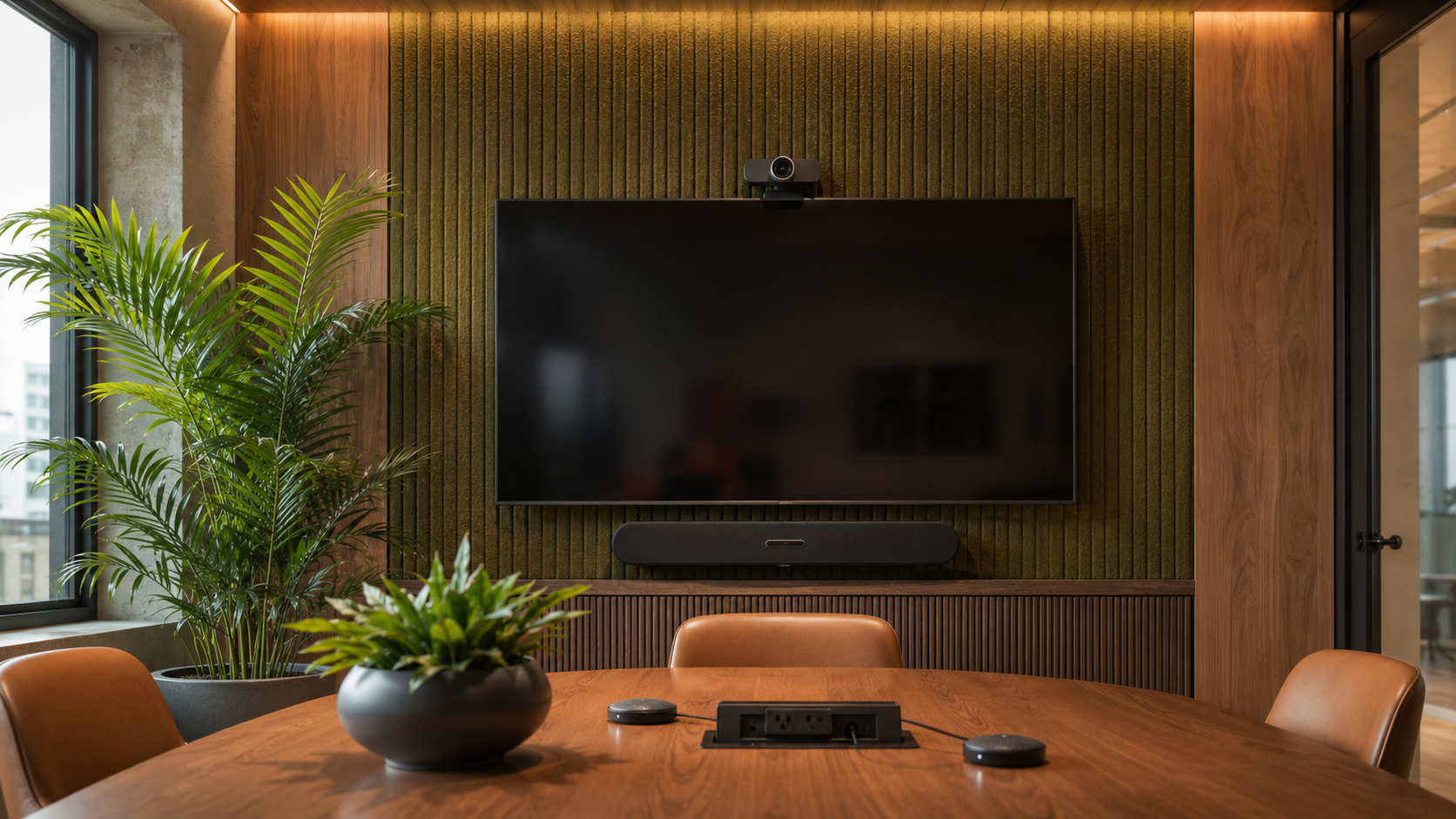 Meeting room video conferencing setup with a camera mounted at seated eye level below a large display
