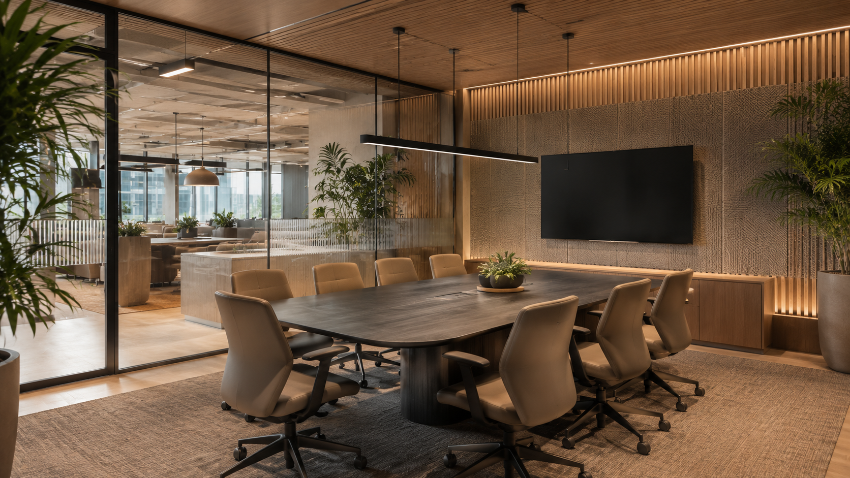 Meeting room design with a rectangular table, ergonomic chairs and a wall-mounted screen in a bright modern office