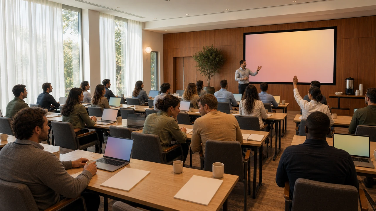 Conference room in Budva arranged in classroom layout for a corporate training day