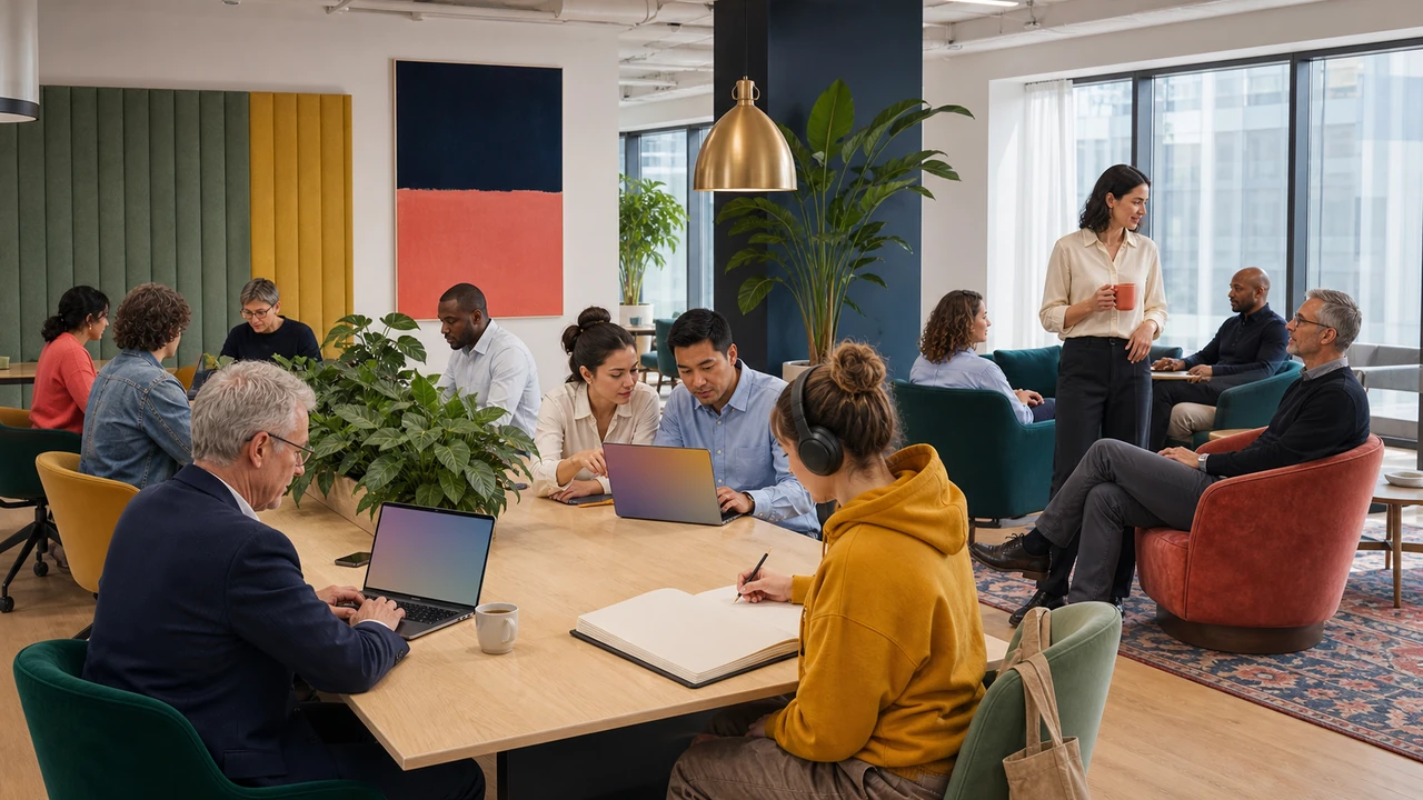 A diverse mix of professionals working in a shared coworking space