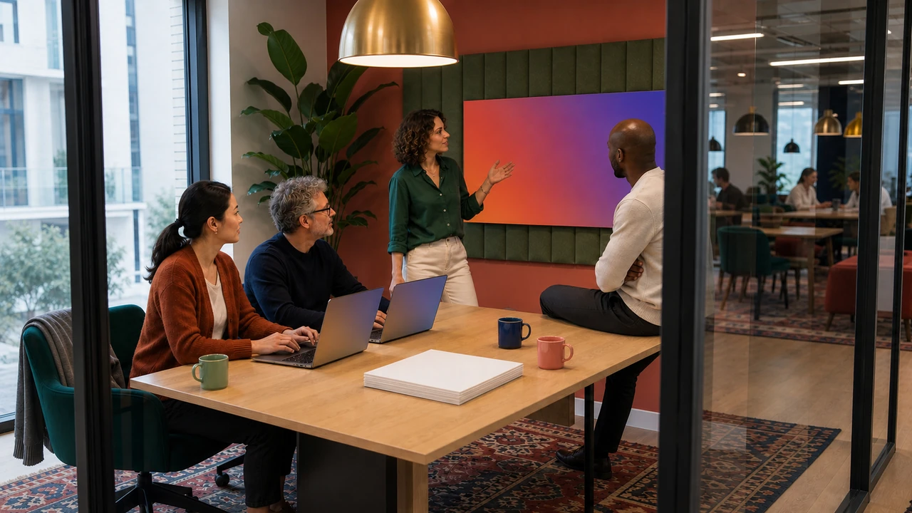 A small team working together in a private office at a coworking space