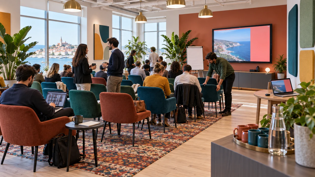 Conference venue in Montenegro set up theatre-style for a 30-person corporate seminar