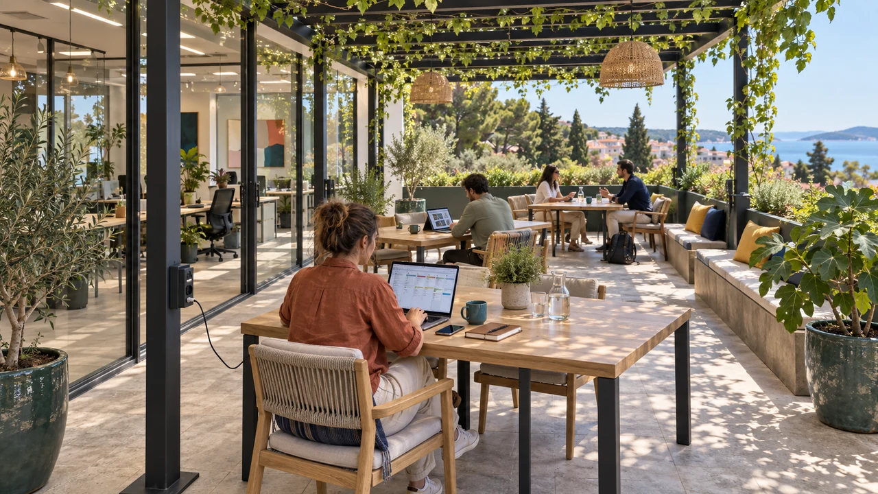 Shaded outdoor terrace at a coworking space in Budva, set up for laptop work