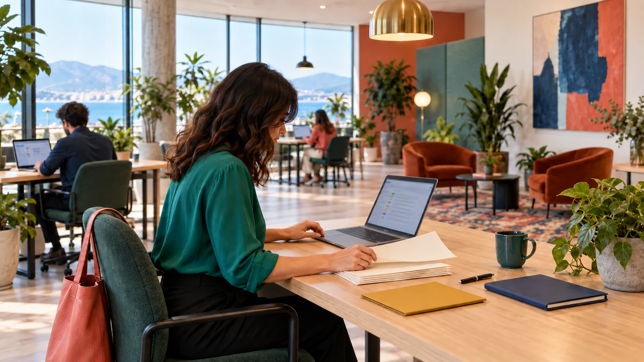 Founder reviewing company registration documents on a laptop in a coworking space in Budva