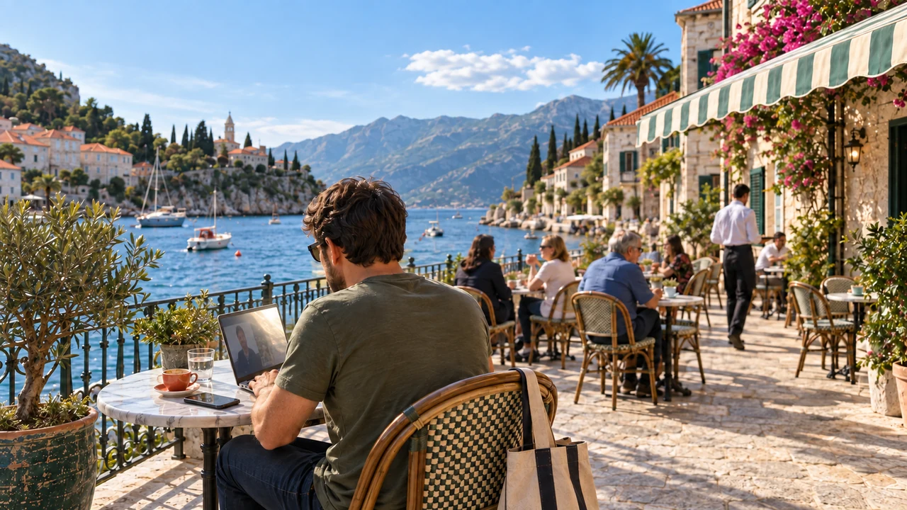 Laptop open on a café terrace table in Budva with the Adriatic coast behind