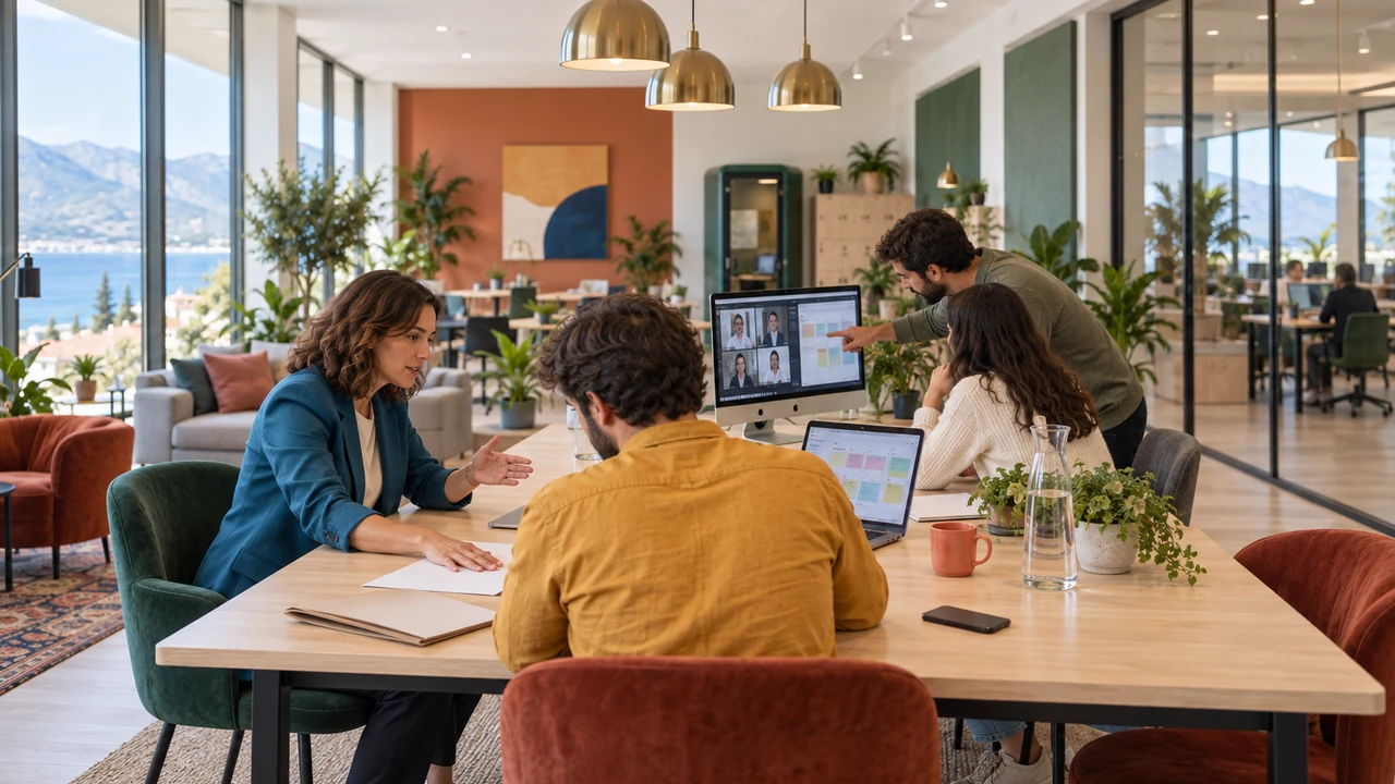 Small team working together at a shared table in a coworking space in Budva